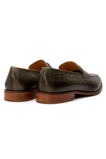 Shop_Dapper Shoes_Green Handcrafted Crocodile Pattern Penny Loafers_Online_at_Aza_Fashions