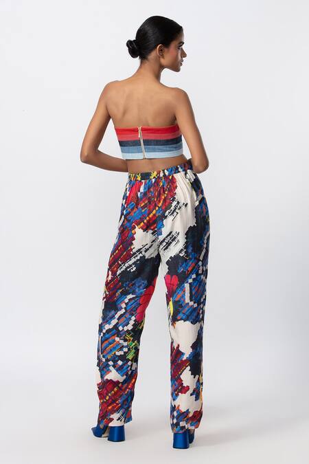 Saaksha & Kinni_Multi Color Satin Abstract Print High Waist Trouser _Online_at_Aza_Fashions