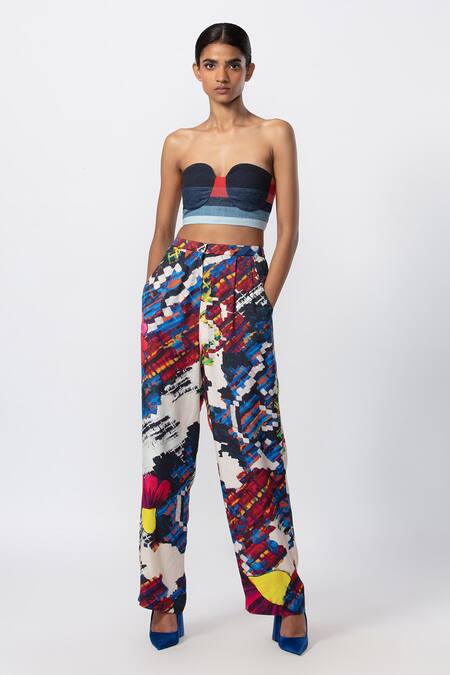 Buy_Saaksha & Kinni_Multi Color Satin Abstract Print High Waist Trouser _Online_at_Aza_Fashions