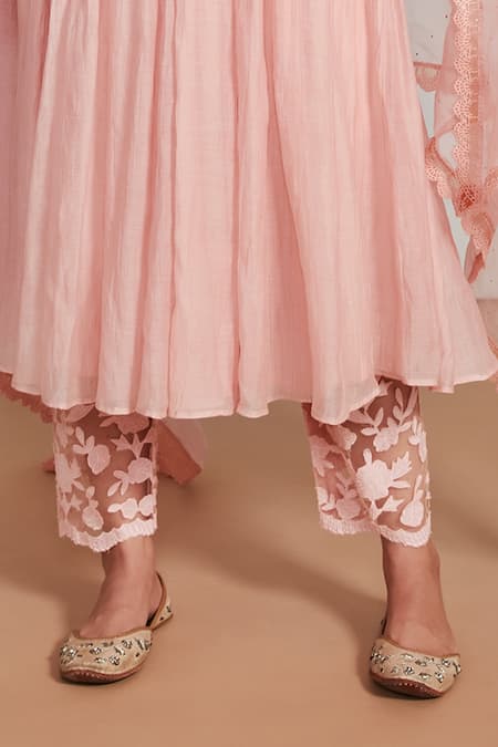 Label Mansi Nagdev_Peach Malai Chanderi Embroidery Mukaish V Neck Nazam Anarkali Set _Online_at_Aza_Fashions