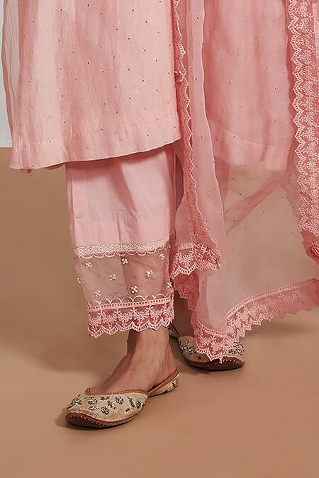 Label Mansi Nagdev Pink Chanderi Pearls, Embroidery Round Neck Siddra Yoke Kurta Set Online at Aza Fashions Label Mansi Nagdev_Pink Chanderi Pearls, Embroidery Round Neck Siddra Yoke Kurta Set _Online_at_Aza_Fashions