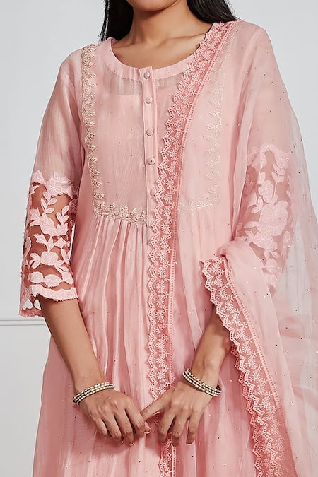 Buy Label Mansi Nagdev Pink Chanderi Pearls, Embroidery Round Neck Siddra Yoke Kurta Set Online at Aza Fashions Buy_Label Mansi Nagdev_Pink Chanderi Pearls, Embroidery Round Neck Siddra Yoke Kurta Set _Online_at_Aza_Fashions