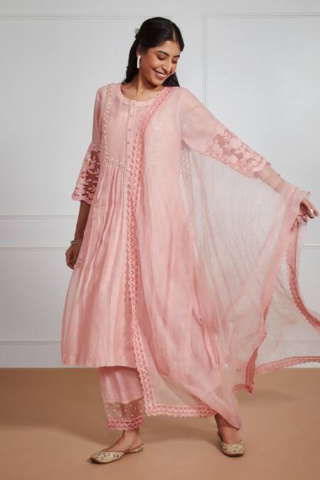 Shop Label Mansi Nagdev Pink Chanderi Pearls, Embroidery Round Neck Siddra Yoke Kurta Set Online at Aza Fashions Shop_Label Mansi Nagdev_Pink Chanderi Pearls, Embroidery Round Neck Siddra Yoke Kurta Set _Online_at_Aza_Fashions