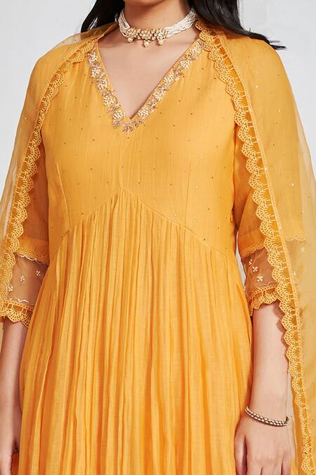 Label Mansi Nagdev Yellow Chanderi Mirrors, Pearls, Embroidery V-neck Layina Neckline Anarkali Set Online at Aza Fashions Label Mansi Nagdev_Yellow Chanderi Mirrors, Pearls, Embroidery V-neck Layina Neckline Anarkali Set _Online_at_Aza_Fashions