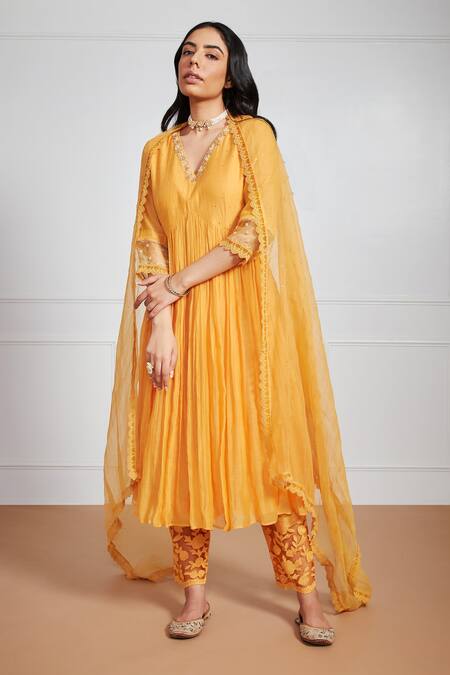 Shop Label Mansi Nagdev Yellow Chanderi Mirrors, Pearls, Embroidery V-neck Layina Neckline Anarkali Set Online at Aza Fashions Shop_Label Mansi Nagdev_Yellow Chanderi Mirrors, Pearls, Embroidery V-neck Layina Neckline Anarkali Set _Online_at_Aza_Fashions