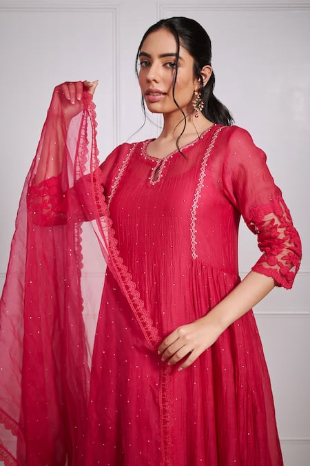 Buy_Label Mansi Nagdev_Red Chanderi Embroidery, Mirrors, Pearls Kashfiya Mukaish Flared Kurta Set _Online_at_Aza_Fashions