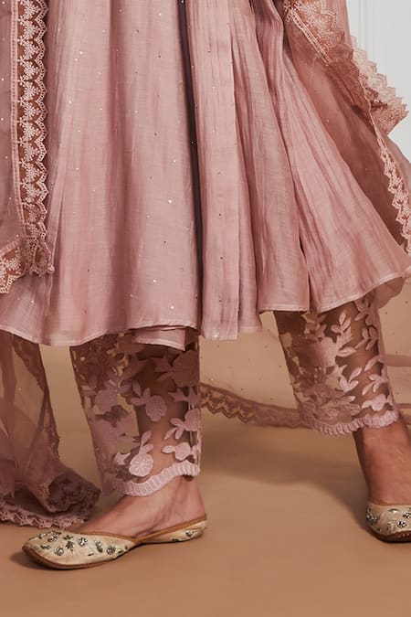 Label Mansi Nagdev Brown Chanderi Pearls, Embroidery V-neck Nosheen Angrakha Anarkali Set Online at Aza Fashions Label Mansi Nagdev_Brown Chanderi Pearls, Embroidery V-neck Nosheen Angrakha Anarkali Set _Online_at_Aza_Fashions