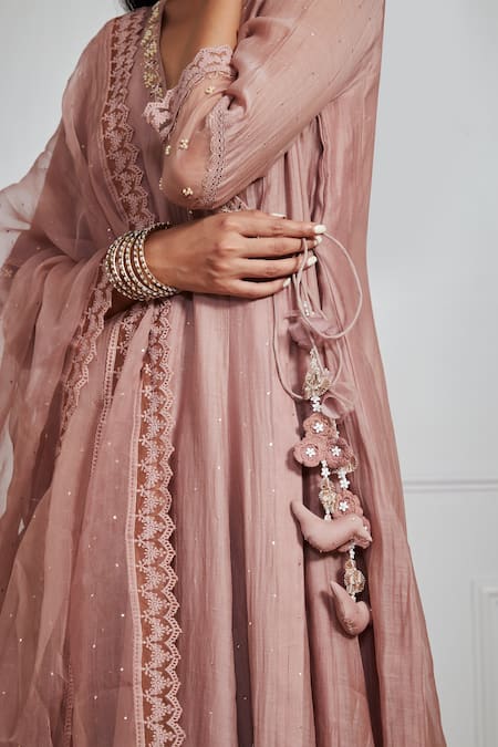 Buy Label Mansi Nagdev Brown Chanderi Pearls, Embroidery V-neck Nosheen Angrakha Anarkali Set Online at Aza Fashions Buy_Label Mansi Nagdev_Brown Chanderi Pearls, Embroidery V-neck Nosheen Angrakha Anarkali Set _Online_at_Aza_Fashions