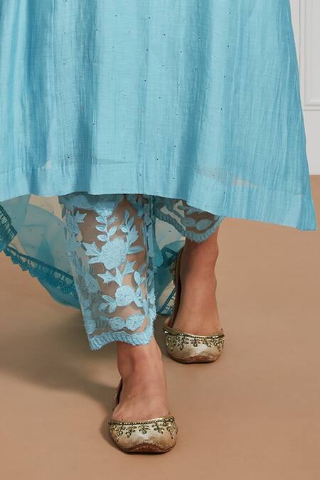 Label Mansi Nagdev Blue Chanderi Mirrors Round Neck Rudainah Resham Placement Embroidered Kurta Set Online at Aza Fashions Label Mansi Nagdev_Blue Chanderi Mirrors Round Neck Rudainah Resham Placement Embroidered Kurta Set _Online_at_Aza_Fashions