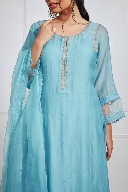 Buy Label Mansi Nagdev Blue Chanderi Mirrors Round Neck Rudainah Resham Placement Embroidered Kurta Set Online at Aza Fashions Buy_Label Mansi Nagdev_Blue Chanderi Mirrors Round Neck Rudainah Resham Placement Embroidered Kurta Set _Online_at_Aza_Fashions
