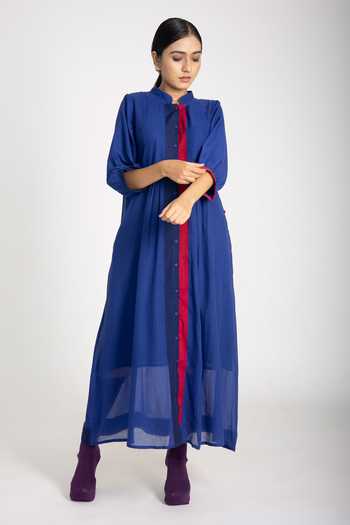 JAYATI GOENKA_Blue 50% Cotton And 50% Jamdani Band Collar Shirt Dress _Online_at_Aza_Fashions