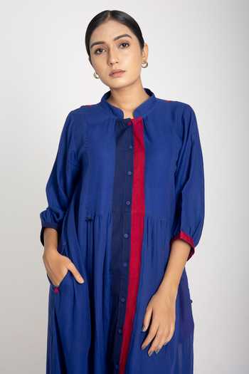 Buy_JAYATI GOENKA_Blue 50% Cotton And 50% Jamdani Band Collar Shirt Dress _Online_at_Aza_Fashions