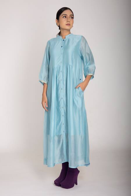 JAYATI GOENKA_Blue 50% Cotton And 50% Silk Band Collar Mandarin Shirt Dress _Online_at_Aza_Fashions