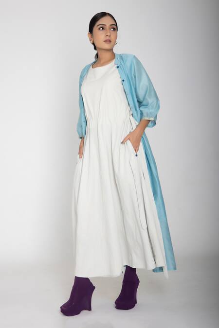 JAYATI GOENKA_Blue 50% Cotton And 50% Silk Band Collar Mandarin Shirt Dress _at_Aza_Fashions