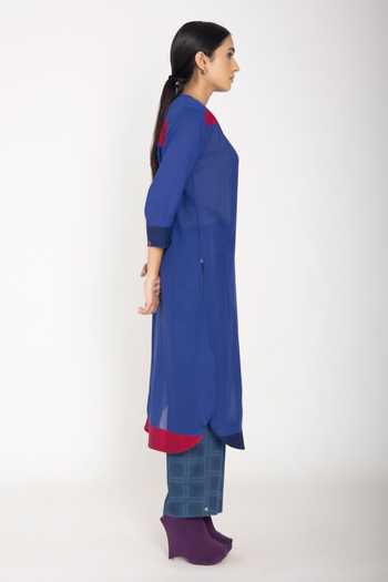 Buy_JAYATI GOENKA_Blue 100% Cotton Jamdani Band Collar Tunic And Pant Set _Online_at_Aza_Fashions