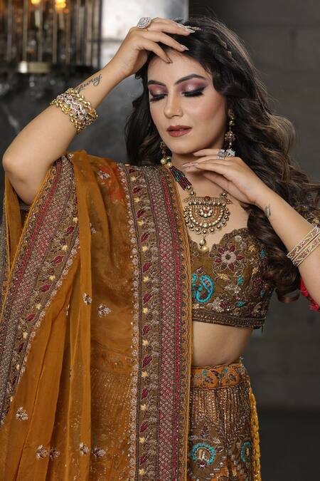 Shop Mehar Brown Silk, Organza Embroidery Sweetheart Neck Geometric Floral Lehenga Set Online at Aza Fashions Shop_Mehar_Brown Silk, Organza Embroidery Sweetheart Neck Geometric Floral Lehenga Set _Online_at_Aza_Fashions