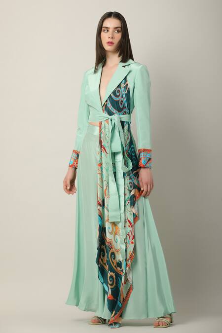 Limerick By Abirr N' Nanki_Multi Color Crepe Embroidery Collared Kira Placement Print Wrap Jacket _at_Aza_Fashions