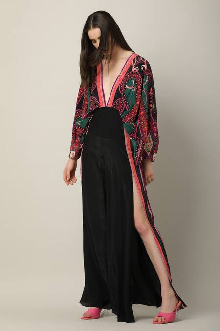 Limerick by Abirr N' Nanki_Multi Color Crepe V-neck Illesha Printed Jumpsuit _at_Aza_Fashions