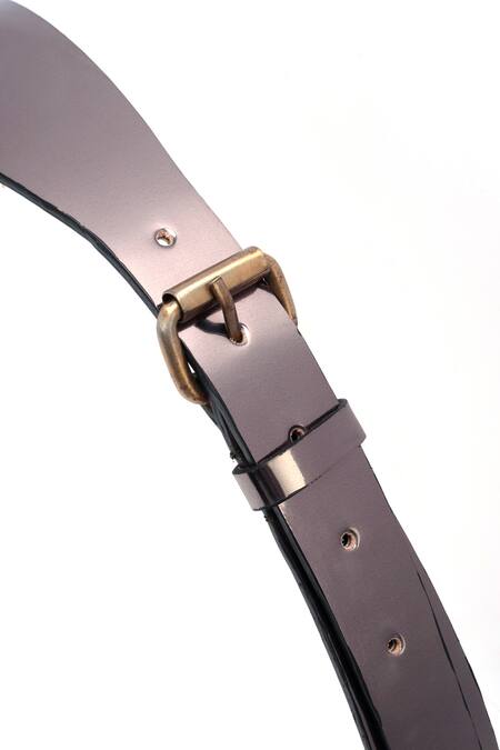 Trov_Grey Metallic Leather Buckle Belt _Online_at_Aza_Fashions