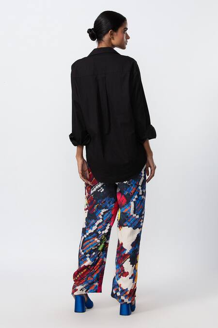 Shop_Saaksha & Kinni_Multi Color Satin Abstract Print High Waist Trouser _Online_at_Aza_Fashions