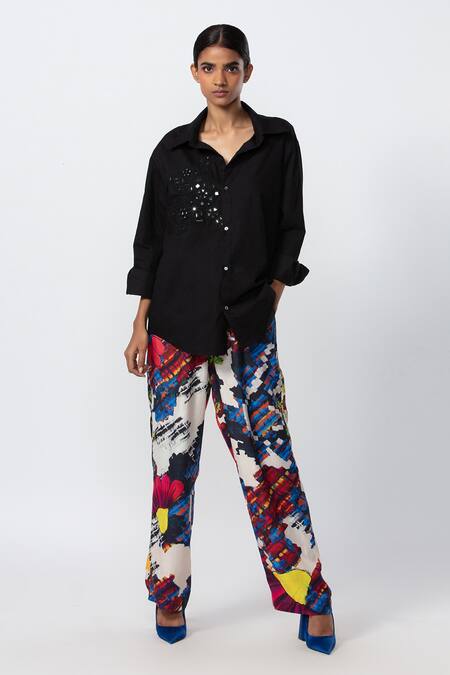Saaksha & Kinni_Multi Color Satin Abstract Print High Waist Trouser _at_Aza_Fashions