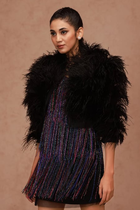 Shriya Som_Black Tulle Feathers Open Neck Embroidered Bolero Jacket _Online_at_Aza_Fashions
