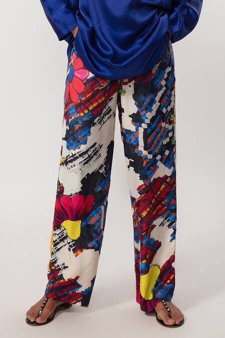 Shop_Saaksha & Kinni_Multi Color Silk Abstract Floral Print Trouser_Online_at_Aza_Fashions