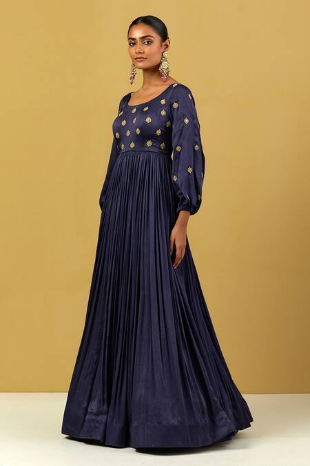 Ikshita Choudhary_Blue Satin Embroidery Round Neck Hand Anarkali With Dupatta _at_Aza_Fashions