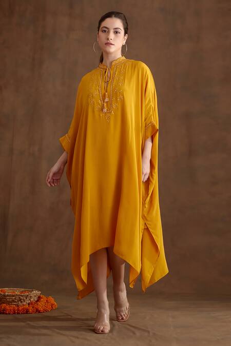 Nikasha Yellow Viscose Embroidery, Mirrors Keyhole Neck Yoke Kaftan Dress at Aza Fashions Nikasha_Yellow Viscose Embroidery, Mirrors Keyhole Neck Yoke Kaftan Dress _at_Aza_Fashions