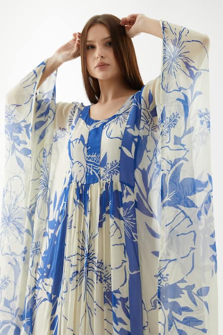 Koai_Blue Chiffon Floral Round Pattern Kaftan _Online_at_Aza_Fashions