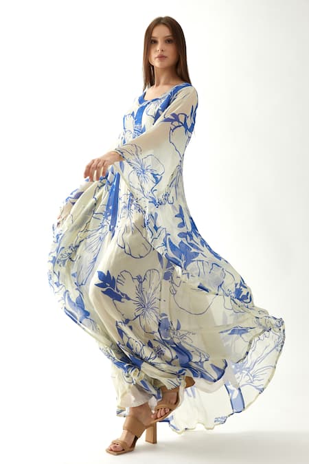 Buy_Koai_Blue Chiffon Floral Round Pattern Kaftan _Online_at_Aza_Fashions