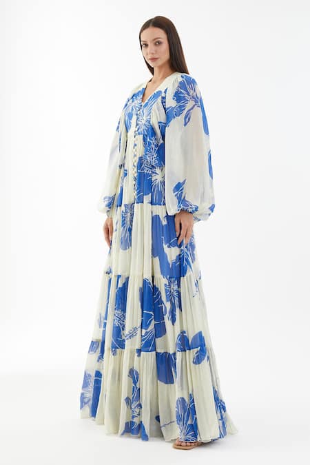 Buy_Koai_Blue Chiffon Floral V Neck Balloon Sleeve Dress _Online_at_Aza_Fashions