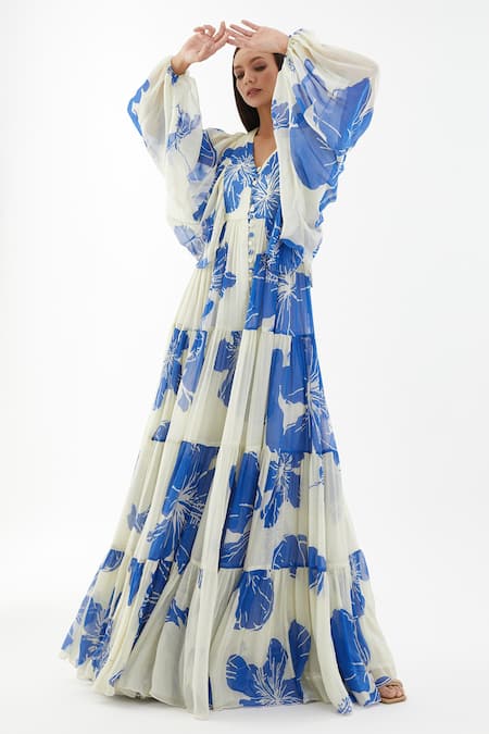 Shop_Koai_Blue Chiffon Floral V Neck Balloon Sleeve Dress _Online_at_Aza_Fashions