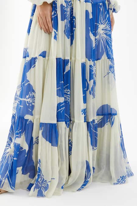 Koai_Blue Chiffon Floral V Neck Balloon Sleeve Dress _at_Aza_Fashions