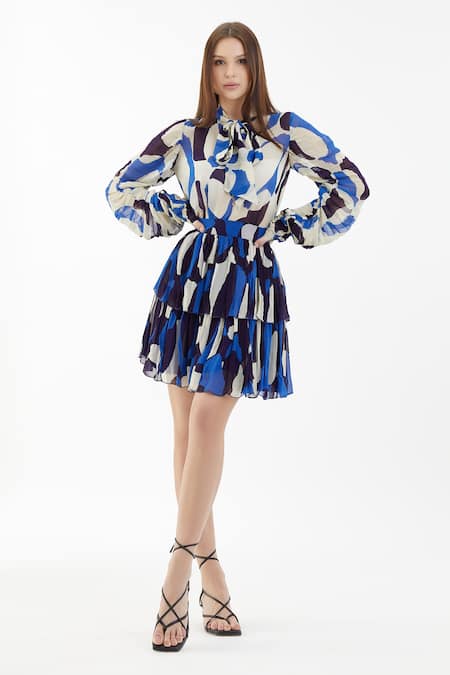 Koai_Blue Chiffon Abstract Round Bow Tie Top_Online_at_Aza_Fashions