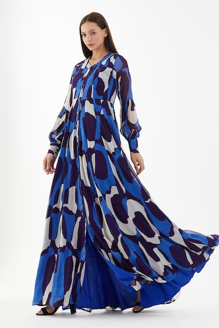 Shop Koai Blue Chiffon Abstract V Neck Pattern Maxi Dress Online at Aza Fashions Shop_Koai_Blue Chiffon Abstract V Neck Pattern Maxi Dress _Online_at_Aza_Fashions
