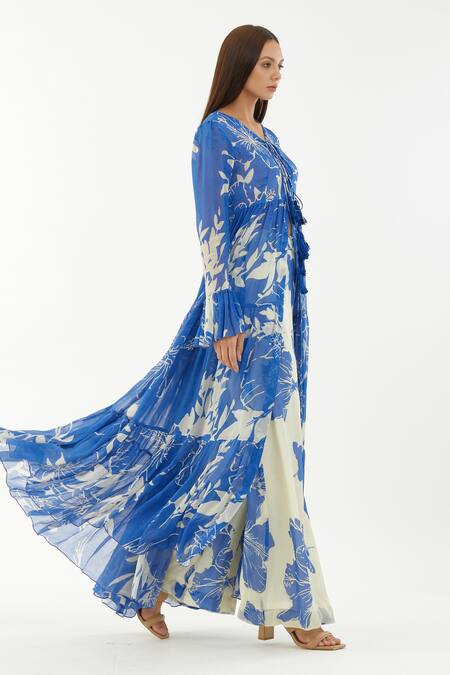 Koai_Blue Chiffon Floral V Neck Pattern Cape _Online_at_Aza_Fashions