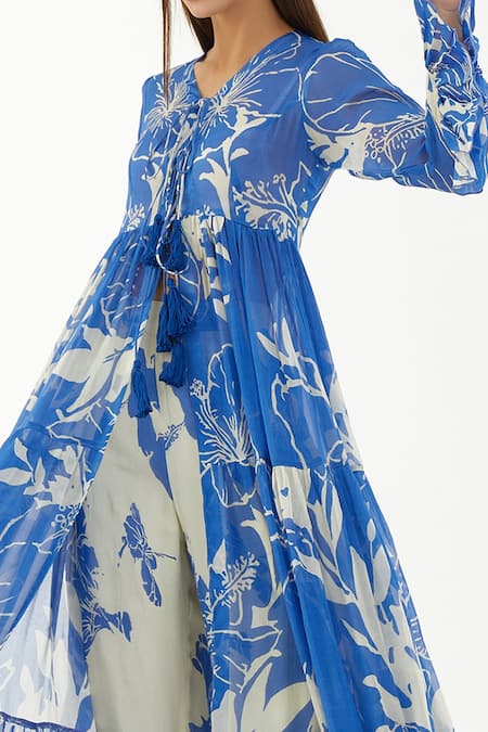 Buy_Koai_Blue Chiffon Floral V Neck Pattern Cape _Online_at_Aza_Fashions