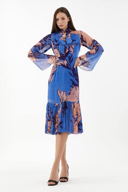 Koai_Blue Chiffon Floral Bow Tie Collar Flounce Hem Dress_Online_at_Aza_Fashions
