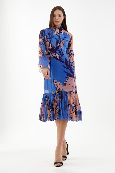 Buy_Koai_Blue Chiffon Floral Bow Tie Collar Flounce Hem Dress_Online_at_Aza_Fashions