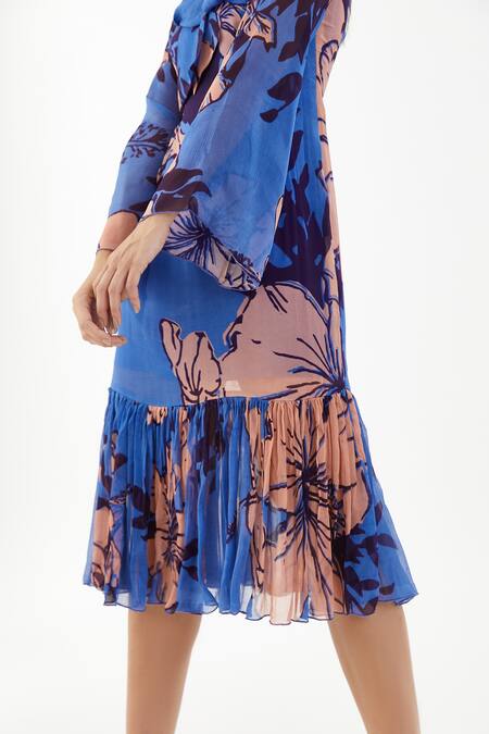 Shop_Koai_Blue Chiffon Floral Bow Tie Collar Flounce Hem Dress_Online_at_Aza_Fashions