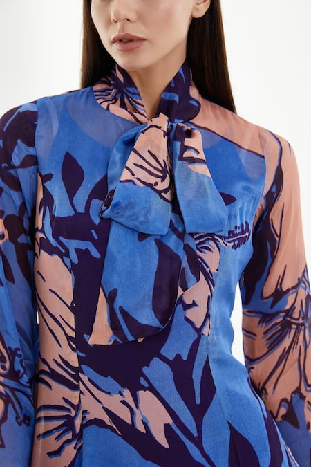 Koai_Blue Chiffon Floral Bow Tie Collar Flounce Hem Dress_at_Aza_Fashions