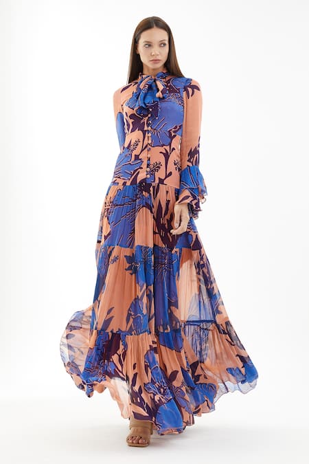 Buy_Koai_Blue Chiffon Floral Bow Tie Collar Pattern Tiered Dress_Online_at_Aza_Fashions