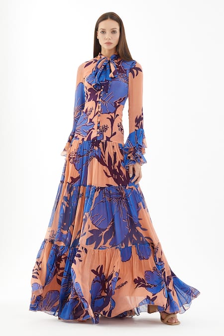Shop_Koai_Blue Chiffon Floral Bow Tie Collar Pattern Tiered Dress_Online_at_Aza_Fashions