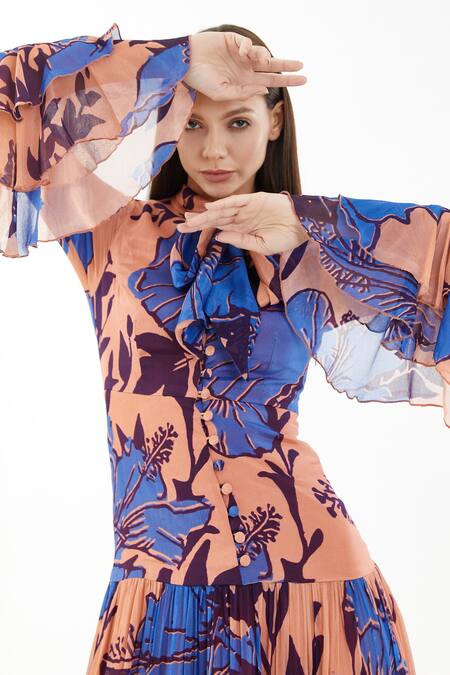 Buy_Koai_Blue Chiffon Floral Bow Tie Collar Pattern Tiered Dress