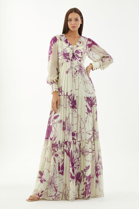 KoAi Chiffon Floral Pattern Tiered Dress 