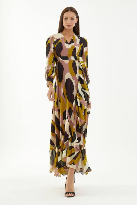 Koai_Multi Color Chiffon Abstract V Neck Wrap Dress _Online_at_Aza_Fashions