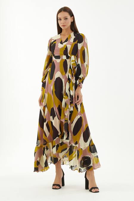 Buy_Koai_Multi Color Chiffon Abstract V Neck Wrap Dress _Online_at_Aza_Fashions