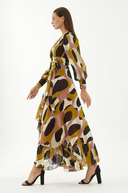 Shop_Koai_Multi Color Chiffon Abstract V Neck Wrap Dress _Online_at_Aza_Fashions