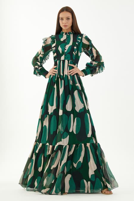 Koai Multi Color Chiffon Abstract Round Frill Detailed Dress at Aza Fashions Koai_Multi Color Chiffon Abstract Round Frill Detailed Dress _at_Aza_Fashions